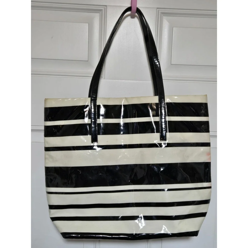 Kate Spade New‎ York Vinyl Tote Bag Black White Stripes Needs Cleaned Read!